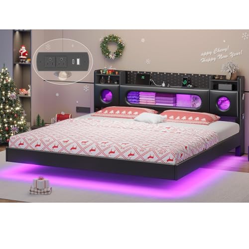 Dnxao Floating Bed Frame King with Storage Headboard & LED Lights