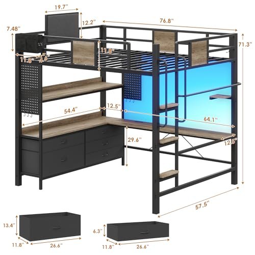 Dnxao Full Loft Bed with Desk and 5 Storage Drawers