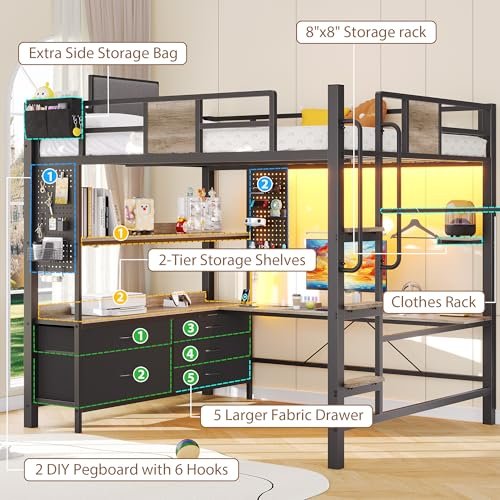 Dnxao Full Loft Bed with Desk and 5 Storage Drawers