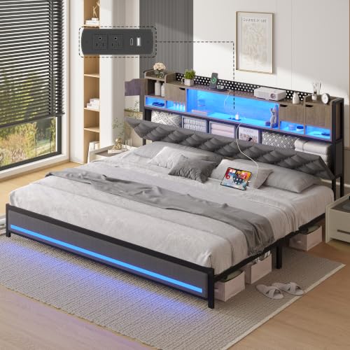 Dnxao King Bed Frame and Headboard with Hidden Storage &LED Lights